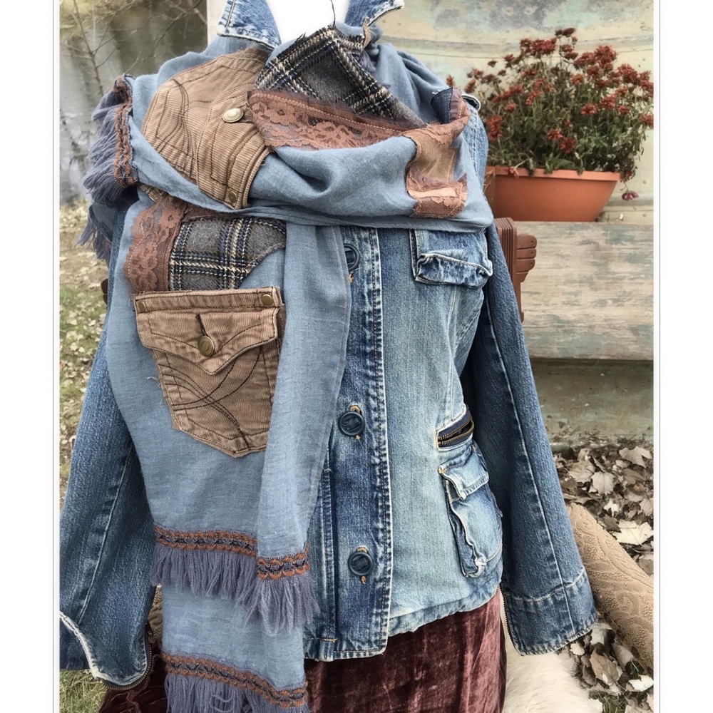 Upcycled Gypsy Boho Patchwork Denim Scarf OOAK
